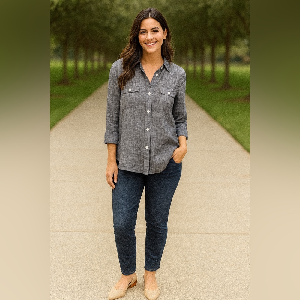Norton McNaughton Women's L Black Gray 100% Linen Shacket Top Boho Roll Tab